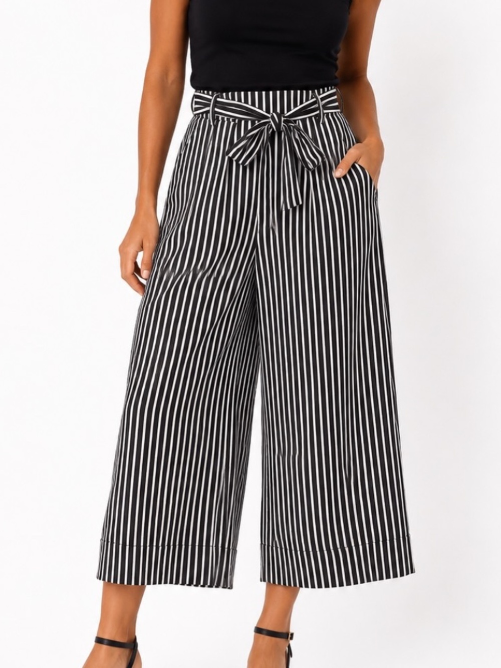 Maison Jules Pants Womens Size 2 Black White Striped Cropped Wide Leg Career